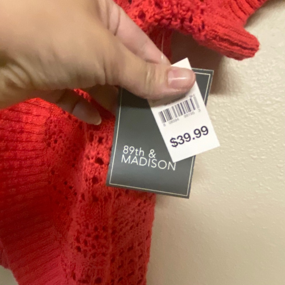 89th & Madison Womens 2X Red Orange Pointelle Crochet Short Sleeve Cardigan NWT - Picture 7 of 8